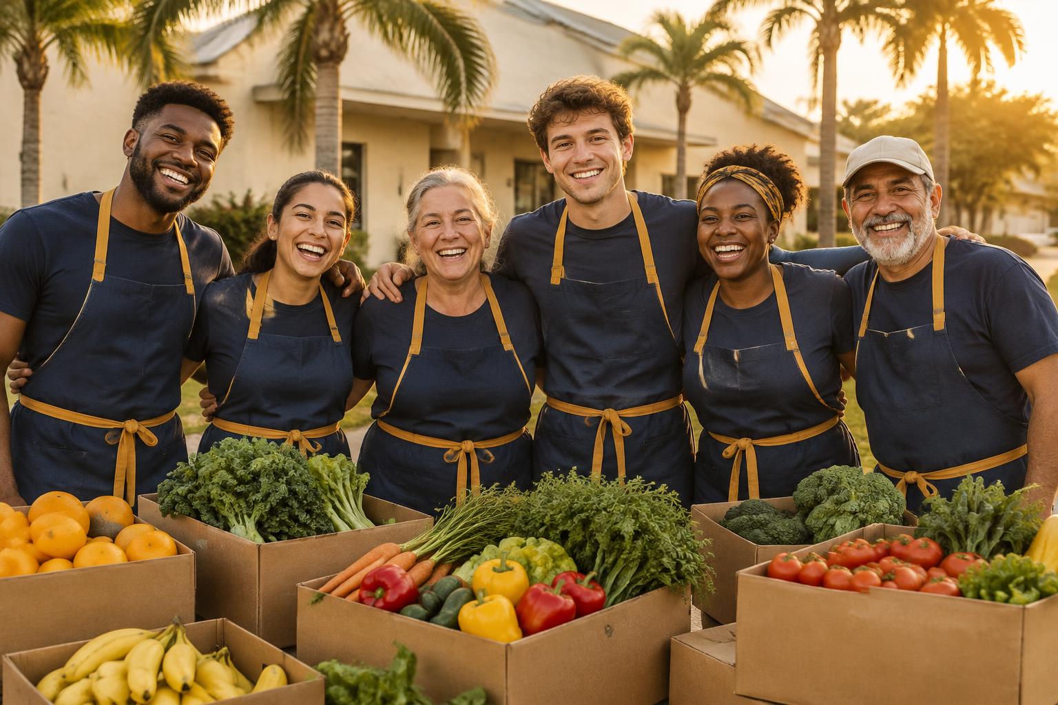 Volunteers of Asians to the World Inc standing together behind boxes of fresh produce in Orlando