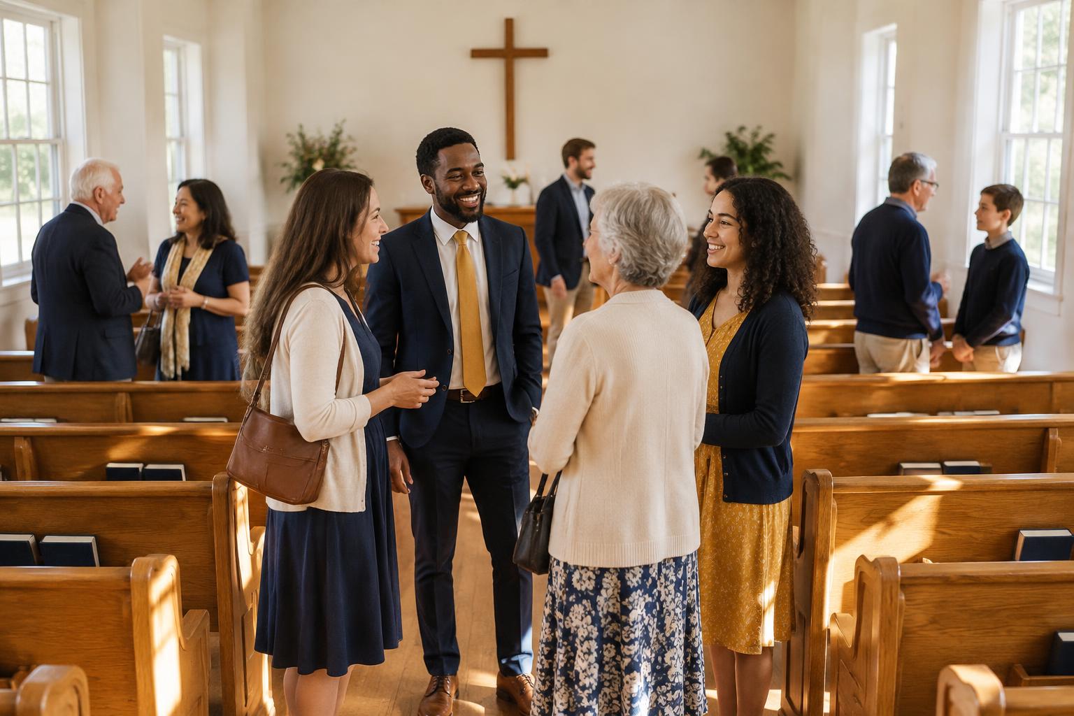 People talking together inside a bright church sanctuary with wooden pews