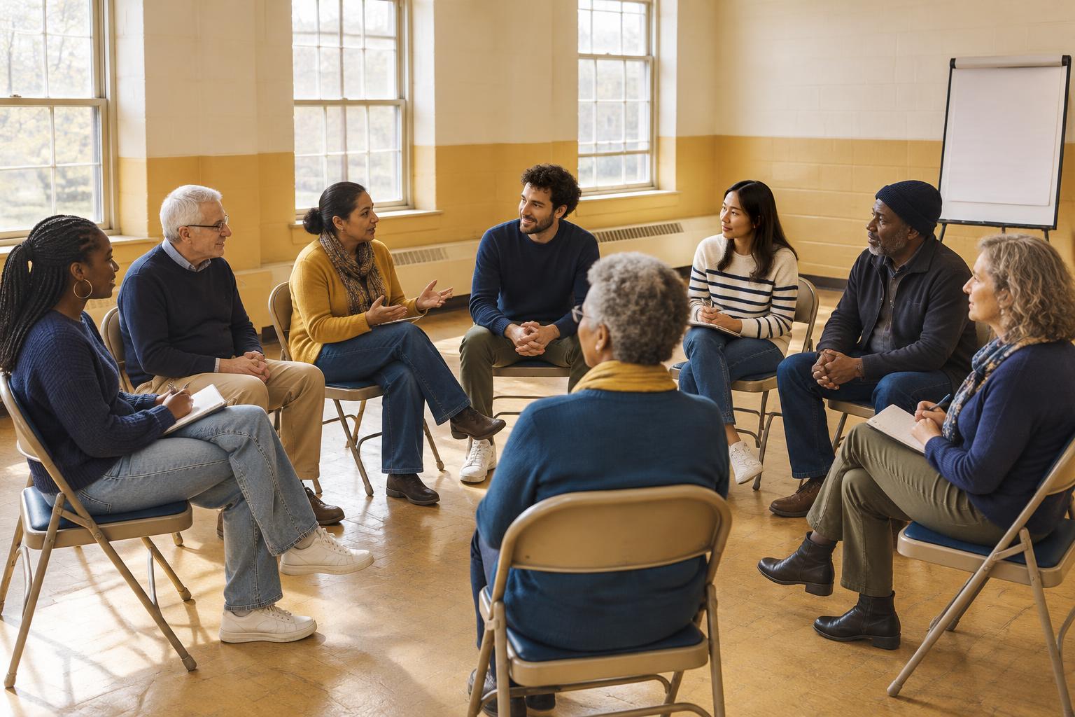 Neighbors seated in a circle with notebooks, talking together in a community hall