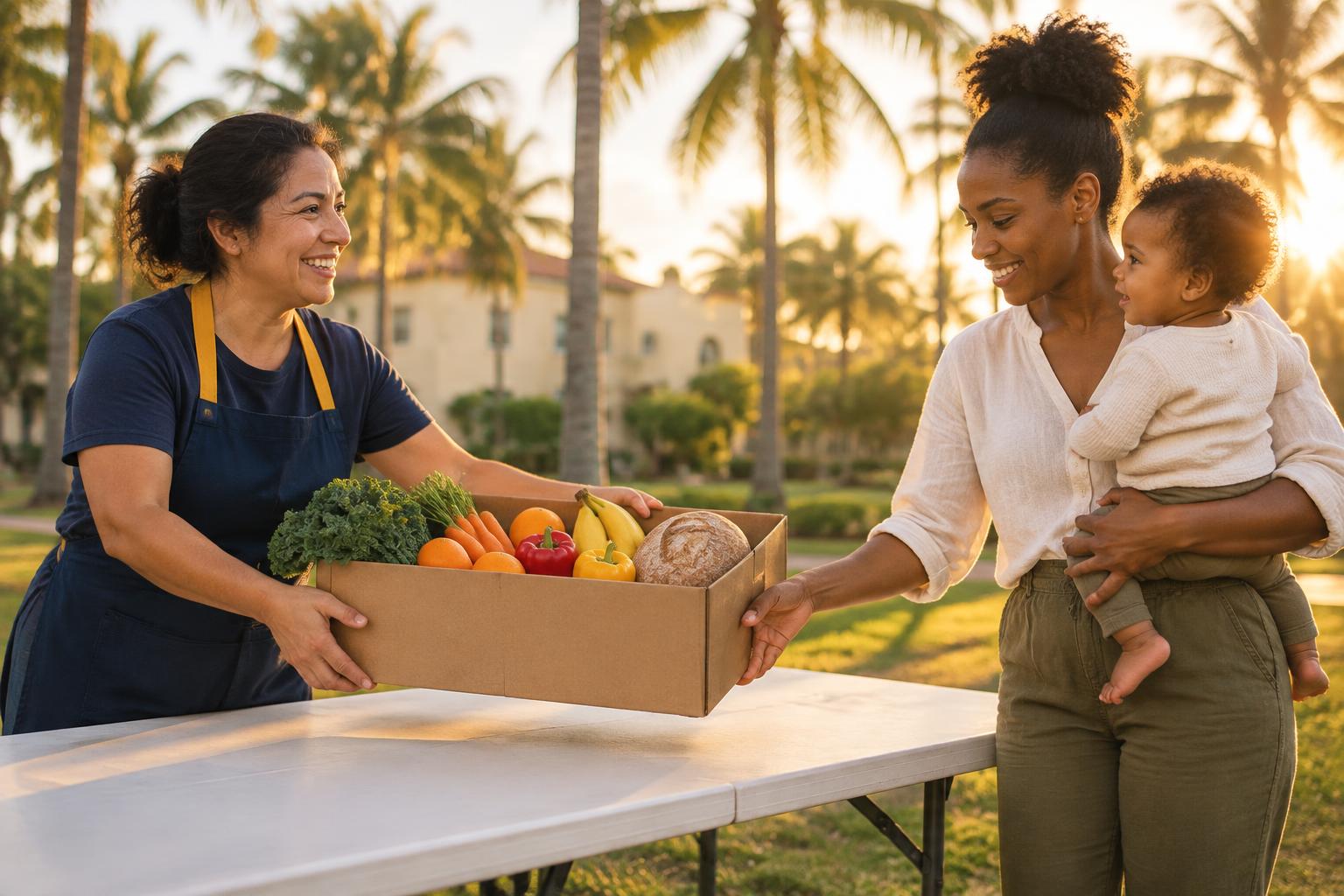 A volunteer handing a box of fresh groceries to a mother holding her child in Orlando
