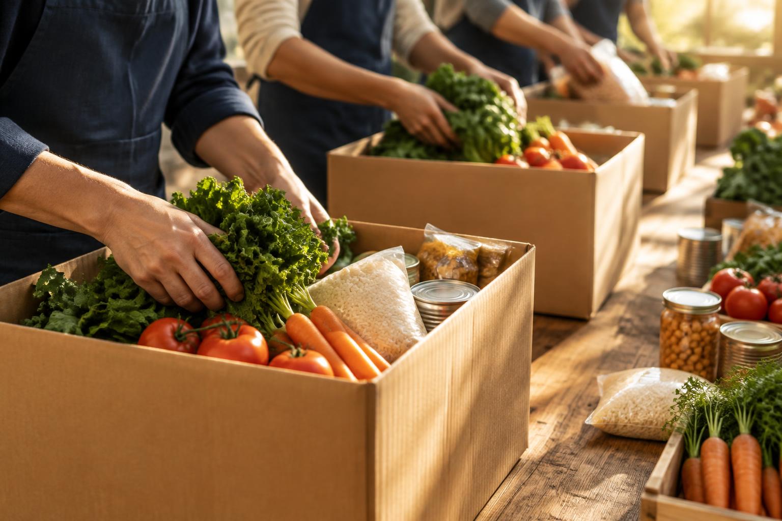Volunteers packing boxes of fresh produce and pantry staples for families in Orlando